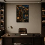 Amber & Deep Blue Pond Lantern Japanese Geisha Art Canvas Print displayed in a contemporary gallery-inspired room