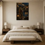 Amber & Deep Blue Pond Lantern Japanese Geisha Art Canvas Print showcased in an elegant minimalist interior