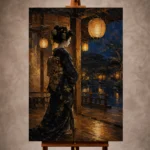 Amber and indigo cinematic Japanese Geisha Art print for elegant interiors. No text or watermarks in design.
