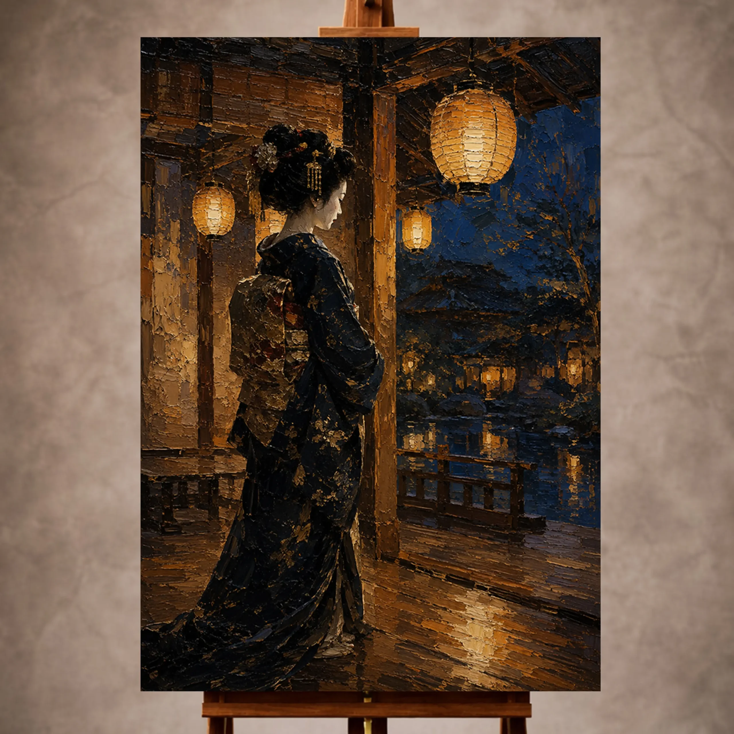 Premium Wall Art Dikey Html Edition – GYSHA044 Image 1 Amber and indigo cinematic Japanese Geisha Art print for elegant interiors. No text or watermarks in design.