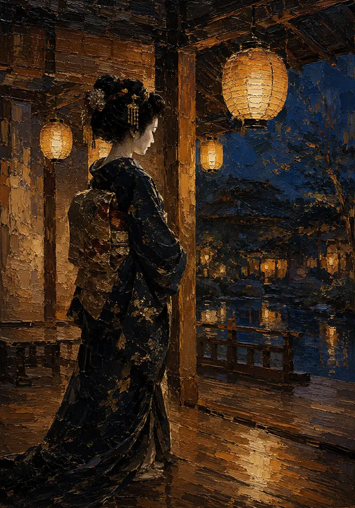 Amber & Indigo Pavilion Lantern Japanese Geisha Art Canvas Print