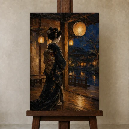 Amber & Indigo Pavilion Lantern Japanese Geisha Art Canvas Print shown in Studio Easel
