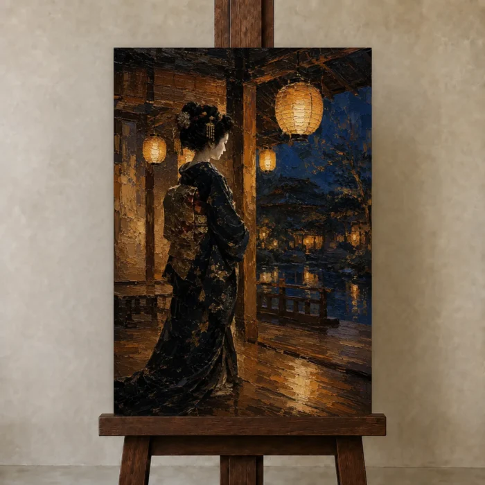Amber & Indigo Pavilion Lantern Japanese Geisha Art Canvas Print displayed on a studio easel
