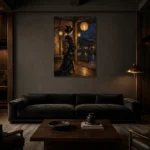 Amber & Indigo Pavilion Lantern Japanese Geisha Art Canvas Print shown in a warm modern interior