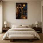 Amber & Indigo Pavilion Lantern Japanese Geisha Art Canvas Print showcased in an elegant minimalist interior