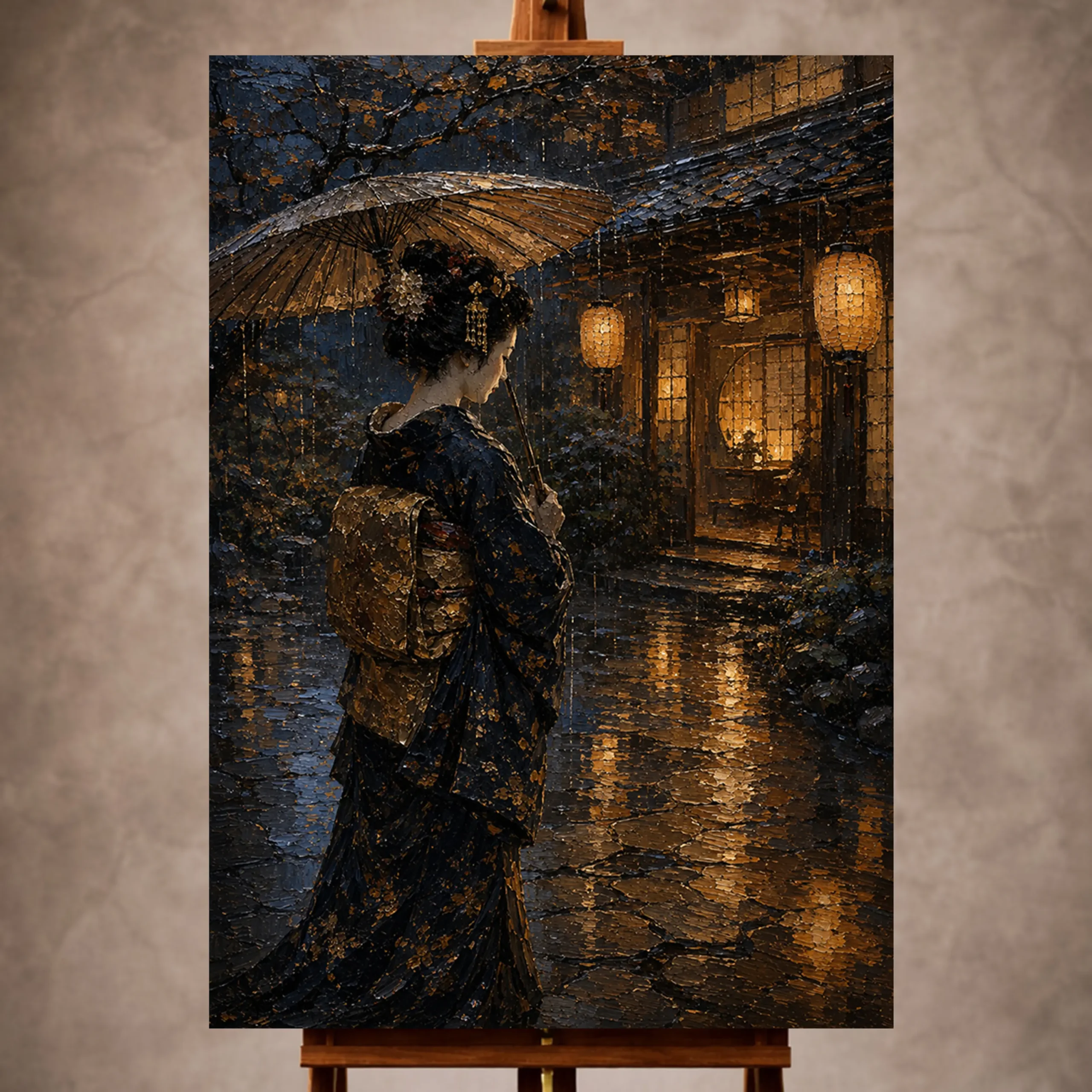Premium Wall Art Dikey Html Edition – GYSHA045 Image 1 Amber and deep blue poetic Japanese Geisha Art print for elegant interiors. No text or watermarks in design.