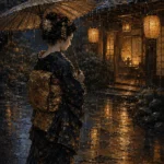 Amber & Deep Blue Rain Lantern Japanese Geisha Art Canvas Print