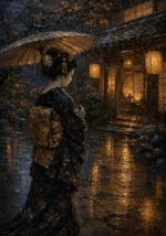Amber & Deep Blue Rain Lantern Japanese Geisha Art Canvas Print