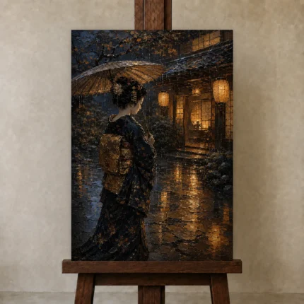 Amber & Deep Blue Rain Lantern Japanese Geisha Art Canvas Print shown in Studio Easel