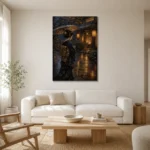 Amber & Deep Blue Rain Lantern Japanese Geisha Art Canvas Print styled in a refined neutral interior