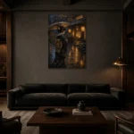 Amber & Deep Blue Rain Lantern Japanese Geisha Art Canvas Print shown in a warm modern interior