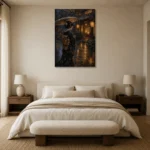 Amber & Deep Blue Rain Lantern Japanese Geisha Art Canvas Print showcased in an elegant minimalist interior
