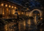 Amber & Deep Blue Courtyard Lantern Japanese Geisha Art Canvas Print