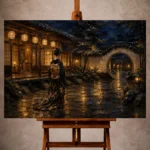 Amber and deep blue poetic Japanese Geisha Art print for elegant interiors. No text or watermarks in design.