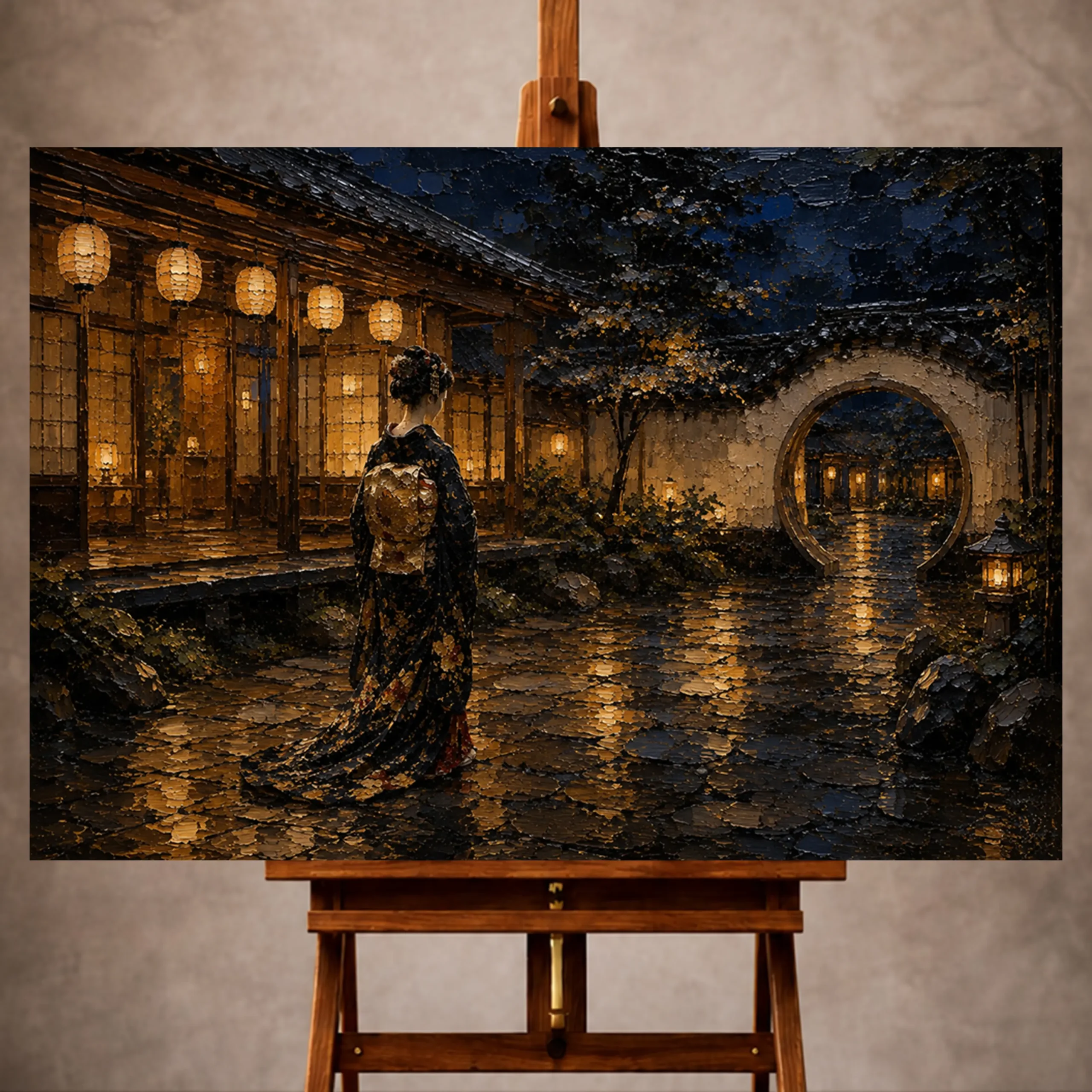 Premium Wall Art Yatay Html Edition – GYSHA046 Image 1 Amber and deep blue poetic Japanese Geisha Art print for elegant interiors. No text or watermarks in design.
