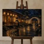 Amber & Deep Blue Courtyard Lantern Japanese Geisha Art Canvas Print displayed on a studio easel