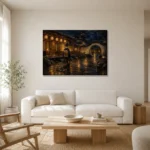 Amber & Deep Blue Courtyard Lantern Japanese Geisha Art Canvas Print styled in a refined neutral interior