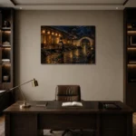 Amber & Deep Blue Courtyard Lantern Japanese Geisha Art Canvas Print displayed in a contemporary gallery-inspired room