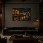 Amber & Deep Blue Courtyard Lantern Japanese Geisha Art Canvas Print shown in a warm modern interior