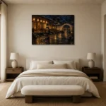 Amber & Deep Blue Courtyard Lantern Japanese Geisha Art Canvas Print showcased in an elegant minimalist interior