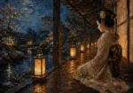 Amber & Deep Blue Veranda Lantern Japanese Geisha Art Canvas Print