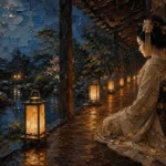Amber & Deep Blue Veranda Lantern Japanese Geisha Art Canvas Print