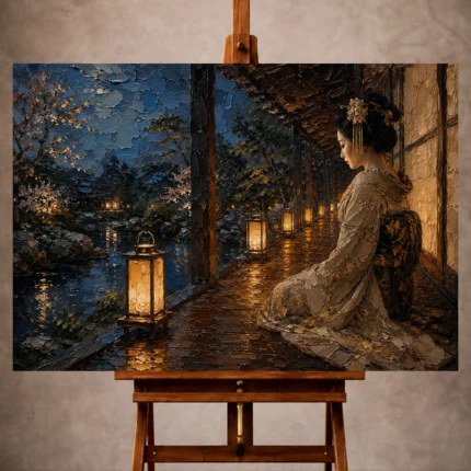 Amber and deep blue serene Japanese Geisha Art print for elegant interiors. No text or watermarks in design.