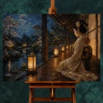 Amber & Deep Blue Veranda Lantern Japanese Geisha Art Canvas Print - Image 2