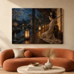 Amber & Deep Blue Veranda Lantern Japanese Geisha Art Canvas Print - Image 3