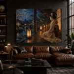 Amber & Deep Blue Veranda Lantern Japanese Geisha Art Canvas Print - Image 4