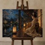 Amber & Deep Blue Veranda Lantern Japanese Geisha Art Canvas Print displayed on a studio easel