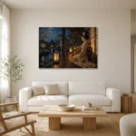 Amber & Deep Blue Veranda Lantern Japanese Geisha Art Canvas Print styled in a refined neutral interior
