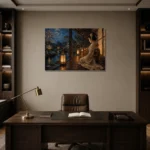 Amber & Deep Blue Veranda Lantern Japanese Geisha Art Canvas Print displayed in a contemporary gallery-inspired room