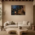 Amber & Deep Blue Veranda Lantern Japanese Geisha Art Canvas Print presented in a sophisticated home setting