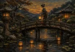 Amber & Deep Blue Bridge Lantern Japanese Geisha Art Canvas Print