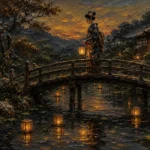 Amber & Deep Blue Bridge Lantern Japanese Geisha Art Canvas Print