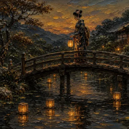 Amber & Deep Blue Bridge Lantern Japanese Geisha Art Canvas Print