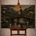 Amber and deep blue tranquil Japanese Geisha Art print for elegant interiors. No text or watermarks in design.