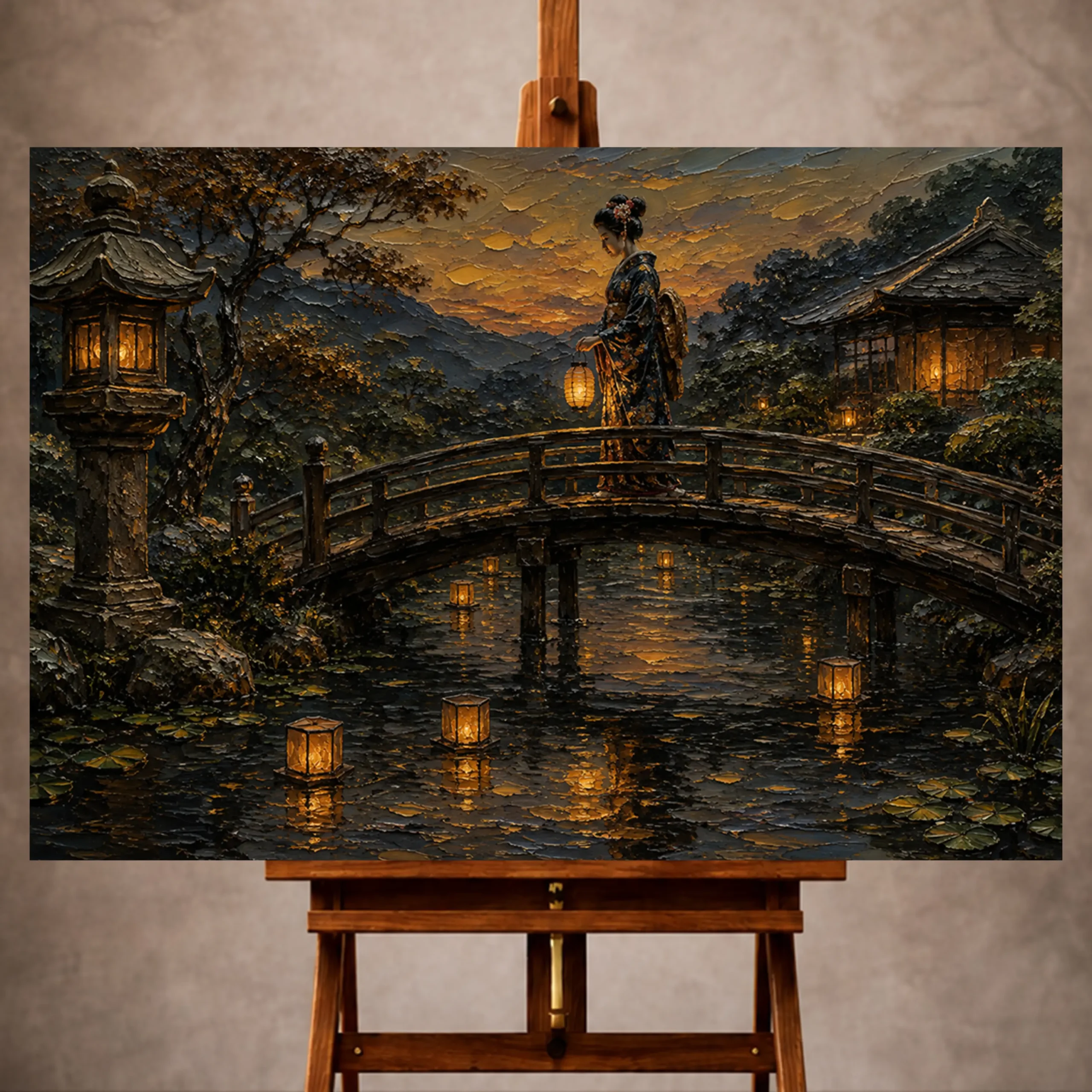 Premium Wall Art Yatay Html Edition – GYSHA048 Image 1 Amber and deep blue tranquil Japanese Geisha Art print for elegant interiors. No text or watermarks in design.