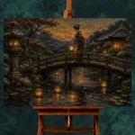 Amber & Deep Blue Bridge Lantern Japanese Geisha Art Canvas Print - Image 2