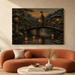 Amber & Deep Blue Bridge Lantern Japanese Geisha Art Canvas Print - Image 3