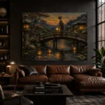 Amber & Deep Blue Bridge Lantern Japanese Geisha Art Canvas Print - Image 4