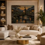 Amber & Deep Blue Bridge Lantern Japanese Geisha Art Canvas Print - Image 10