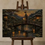 Amber & Deep Blue Bridge Lantern Japanese Geisha Art Canvas Print displayed on a studio easel