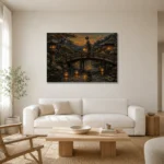 Amber & Deep Blue Bridge Lantern Japanese Geisha Art Canvas Print styled in a refined neutral interior