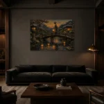 Amber & Deep Blue Bridge Lantern Japanese Geisha Art Canvas Print shown in a warm modern interior