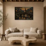 Amber & Deep Blue Bridge Lantern Japanese Geisha Art Canvas Print presented in a sophisticated home setting