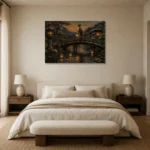 Amber & Deep Blue Bridge Lantern Japanese Geisha Art Canvas Print showcased in an elegant minimalist interior