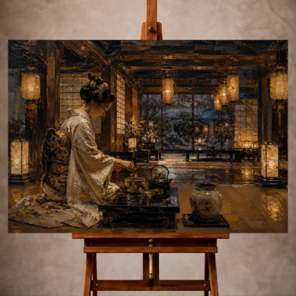 Amber and deep blue ceremonial Japanese Geisha Art print for elegant interiors. No text or watermarks in design.