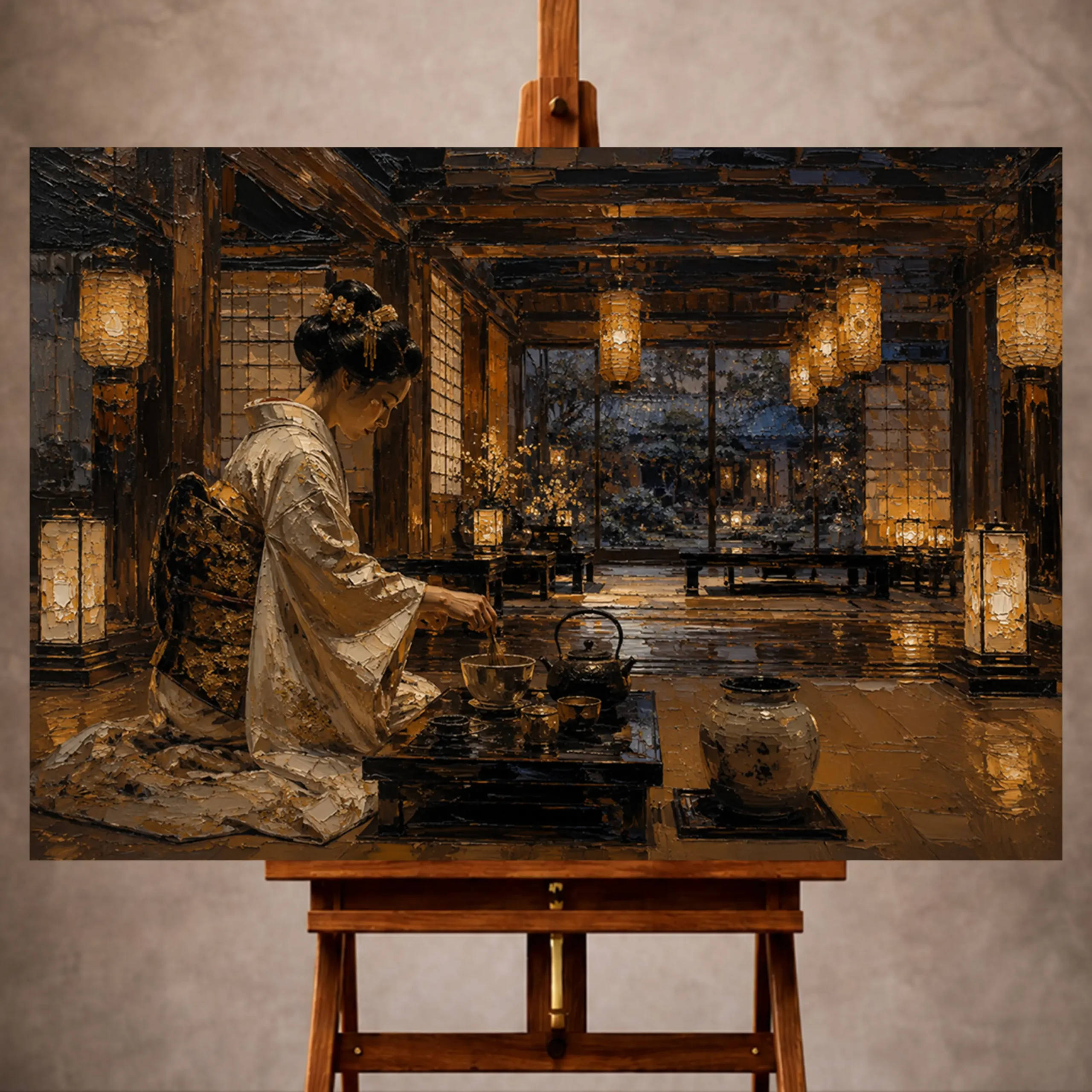 Premium Wall Art Yatay Html Edition – GYSHA049 Image 1 Amber and deep blue ceremonial Japanese Geisha Art print for elegant interiors. No text or watermarks in design.
